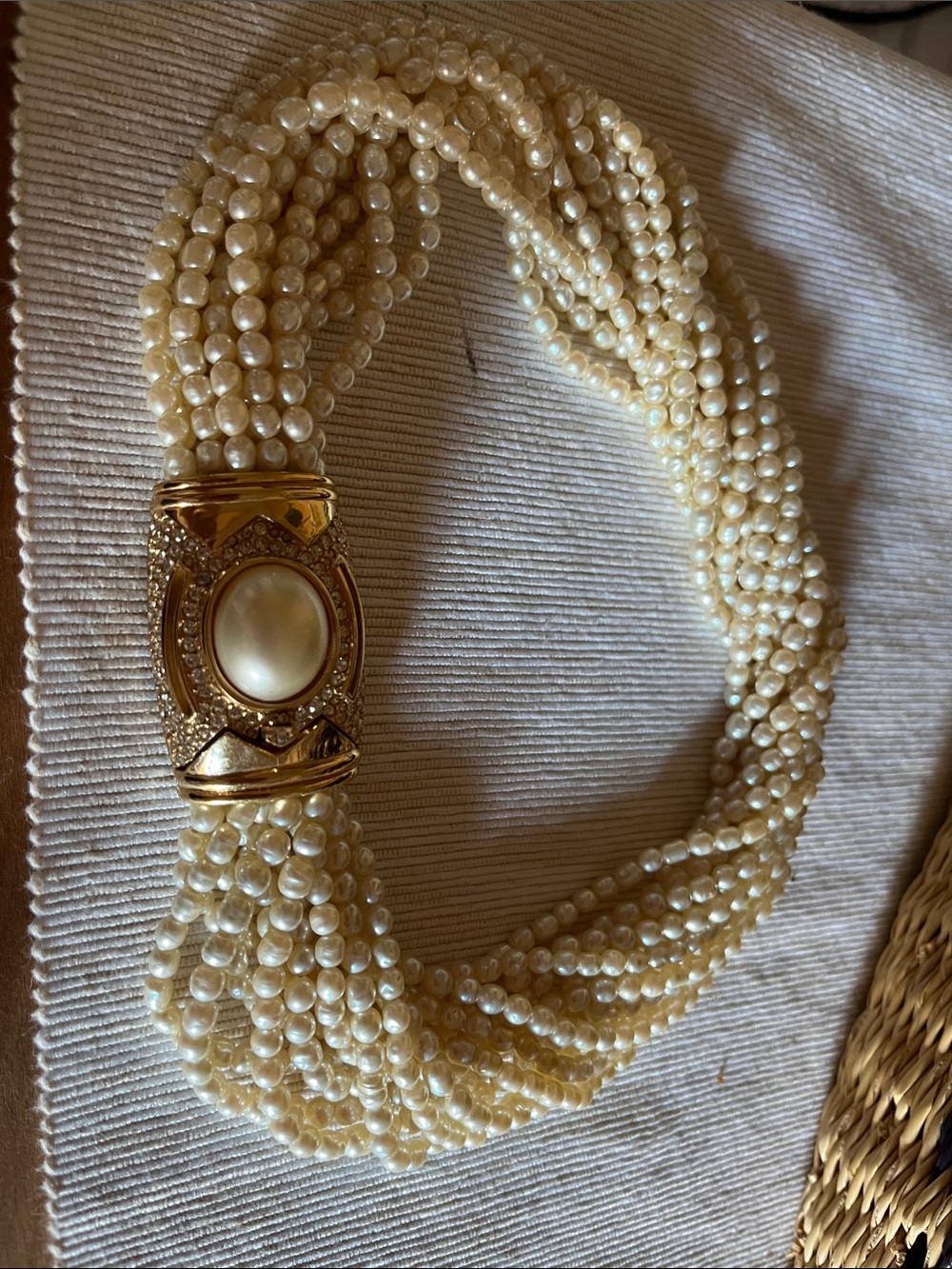 Gold-Tone Cream Multi-Strand Pearl Choker Necklace with Decorative Clasp